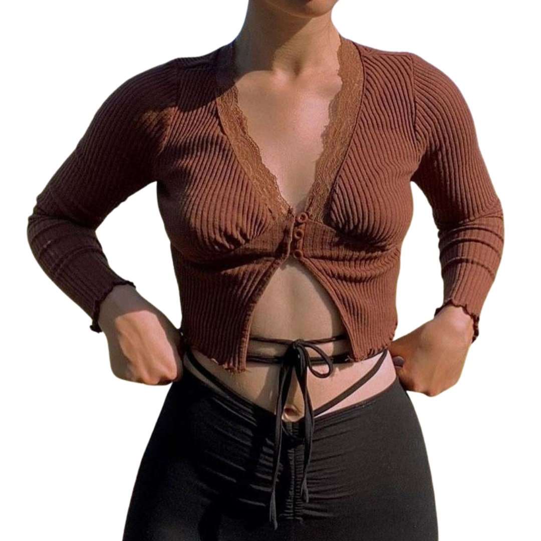 Women 's Y2K Long Sleeve Shirt 90s E-Girl Lace Crop Top Cotton T