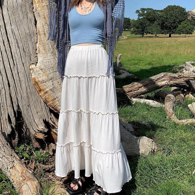 Y2k White Frill Pleated Long Skirt - Grunge Fairycore High Waist A-Lin –  Moon and Cottage