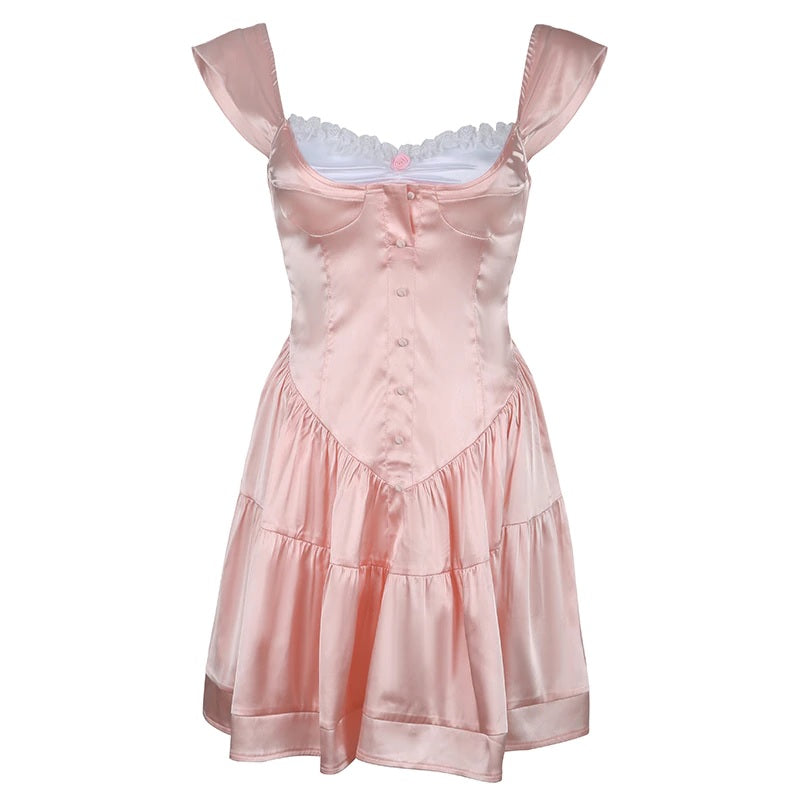 Coquette Aesthetic - Pink Floral Corset Dress - Cottagecore Long