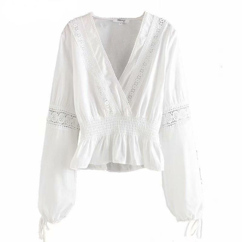 Long-sleeved Lace Top - White - Ladies