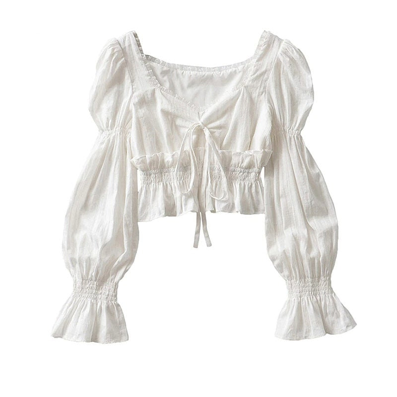 White Ruffled Top - Long Sleeve Blouse - Bustier Top - Cute Top