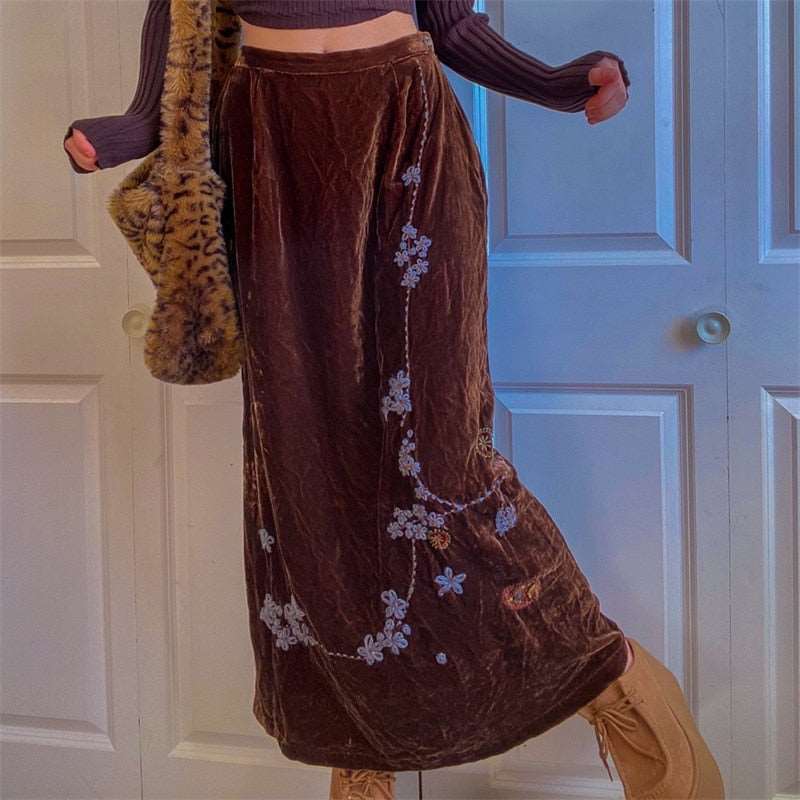 Fairycore Aesthetic - High Waist Long Straight Skirt - Y2k Aesthetic, Vintage Embroidery Floral Maxi Skirt - Women 90s Boho Skirt