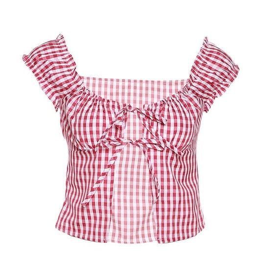 Cottagecore Clothing Off Shoulder Tie Up Plaid Crop Top - Fairycore Grunge Checkered Short Sleeve T Shirt - Women Open Front Bandage Boho Tank Top | new | Moon and Cottage