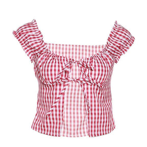 Cottagecore Clothing Off Shoulder Tie Up Plaid Crop Top - Fairycore Grunge Checkered Short Sleeve T Shirt - Women Open Front Bandage Boho Tank Top