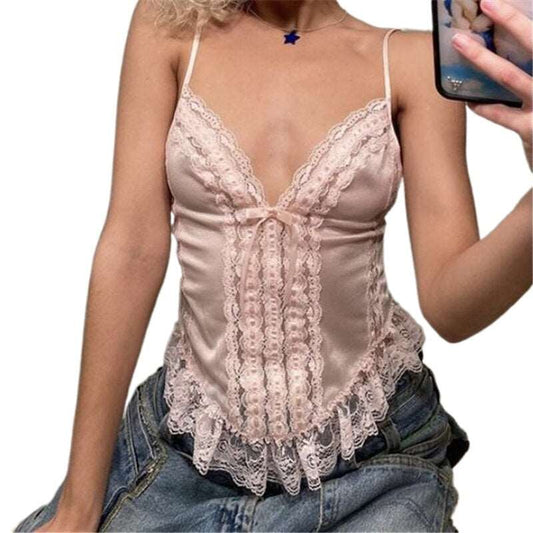 Coquette Pink Lace Up Crop Top - Cottagecore Aesthetic, Vintage V-Neck Sleeveless Tank Top - Women Chic Spaghetti Straps Camisole