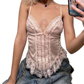 Coquette Pink Lace Up Crop Top - Cottagecore Aesthetic, Vintage V-Neck Sleeveless Tank Top - Women Chic Spaghetti Straps Camisole
