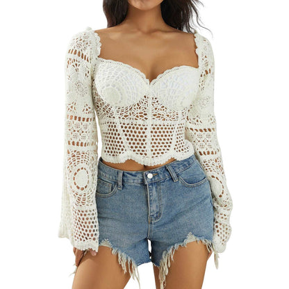 Cottagecore Aesthetic Crochet Crop Top - Women Sweetheart Flared Sleeve Pullover - Vintage Backless Knit Bohemian Long Sleeve Shirt