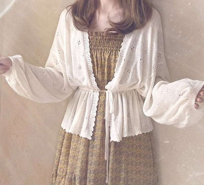 Cozy Cottage Garden Women Loose Lace Up Knitted Cardigan - Fairycore Aesthetic, White Long Batwing Sleeve Sweater - Vintage Thin Lolita Cardigan