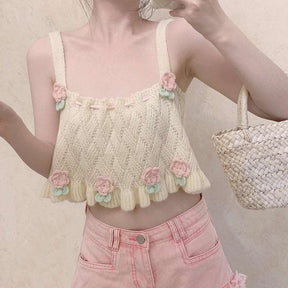 Cottagecore Aesthetic Embroidered Floral Crop Top - Y2k Aesthetic, Boho Knitted Cami