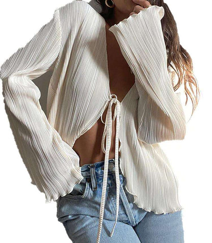Cottagecore Aesthetic, Women V-Neck Pleated Blouse Shirt - Long Flare Sleeve Crop Top - Vintage Drawsting Closure Boho Tank Top