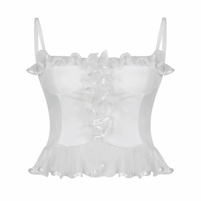 Dollette White Sleeveless Mesh Ruffle Crop Top - Fairycore Aesthetic, Lace Backless Satin Y2k Corset - Women Square Neck Boho Tank Top