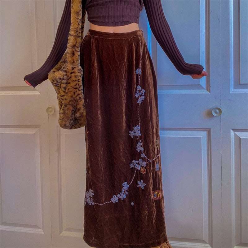 Fairycore Aesthetic - High Waist Long Straight Skirt - Y2k Aesthetic, Vintage Embroidery Floral Maxi Skirt - Women 90s Boho Skirt