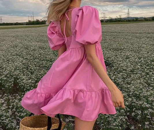 Cottagecore Clothing Off Shoulder Flounce Puff Sleeve Dress - Faecore Aesthetic, High Waist Ruffle Mini Dress - Women Bohemian Prom A-Line Dress