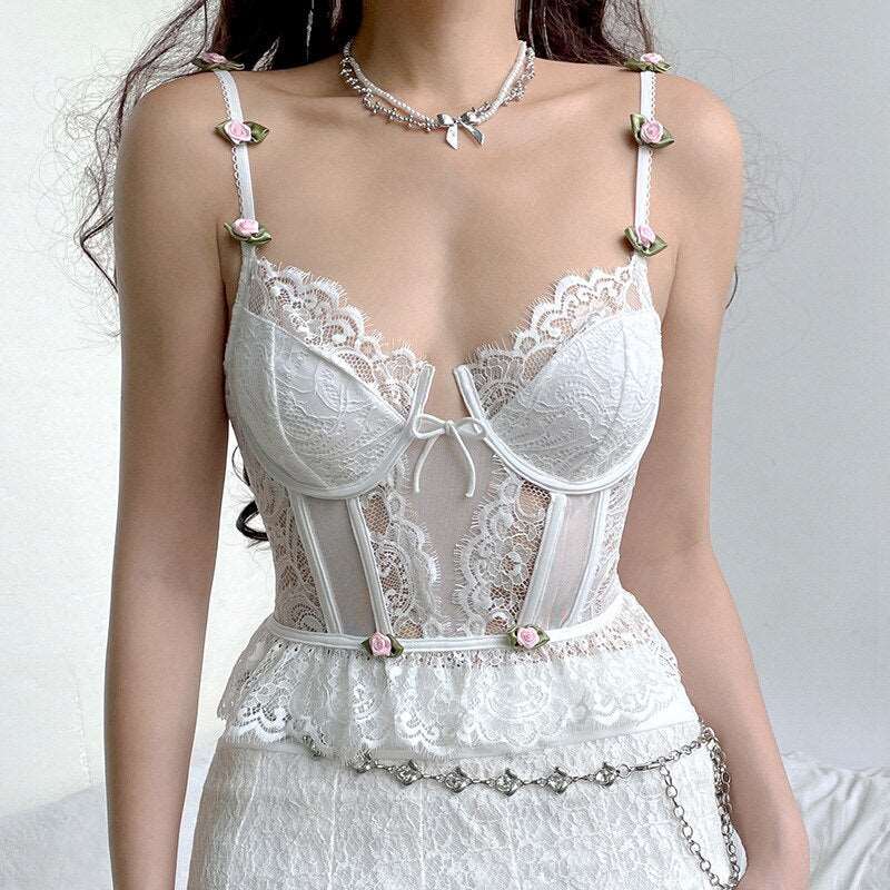 Coquette Floral Lace Corset Top - Fairycore Aesthetic, White Ruffle Bow Spaghetti Strap Corset - Women Chic Patched Bustier Corset