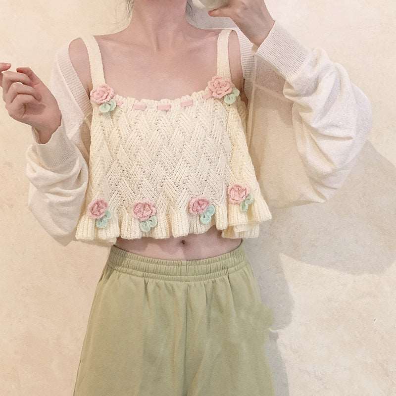 Cottagecore Aesthetic Embroidered Floral Crop Top - Y2k Aesthetic, Boho Knitted Cami