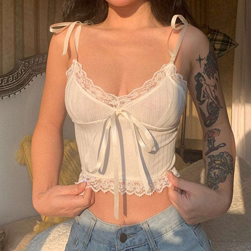 Biscuits and Tea Vintage Chic Lace Trim Bow Crop Top - Cottagecore Aesthetic, White Backless Knitted Boho Tee - Women Casual Tie Up Y2k Tank Top