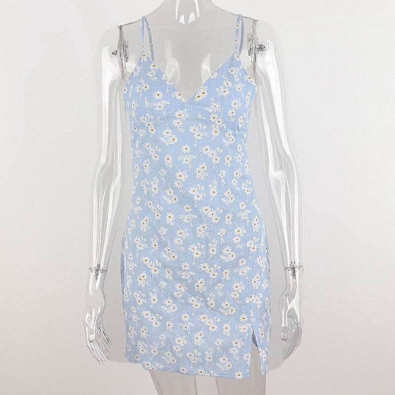 Fairycore Clothing Blue Floral Sleeveless Dress - Cottagecore Aesthetic, V Neck Backless Sundress - Women Spaghetti Strap Mini Dress