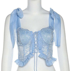 Dreamy Princess Lace Up Bandage Crop Top - Coquette Aesthetic, Lace Floral Camisole - Bow Sleeve Detail