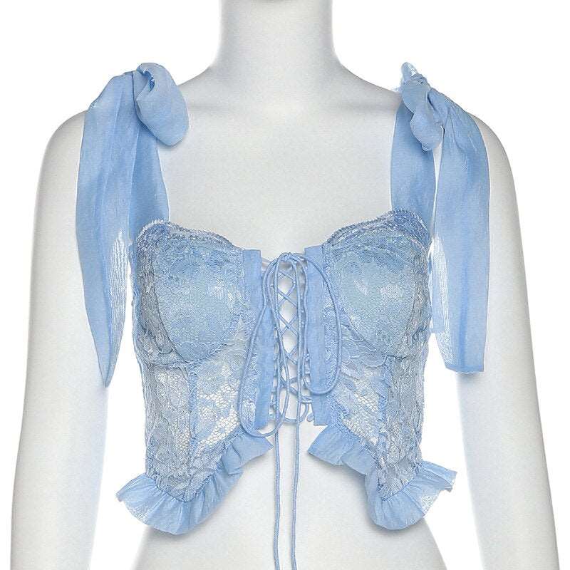 Dreamy Princess Lace Up Bandage Crop Top - Coquette Aesthetic, Lace Floral Camisole - Bow Sleeve Detail