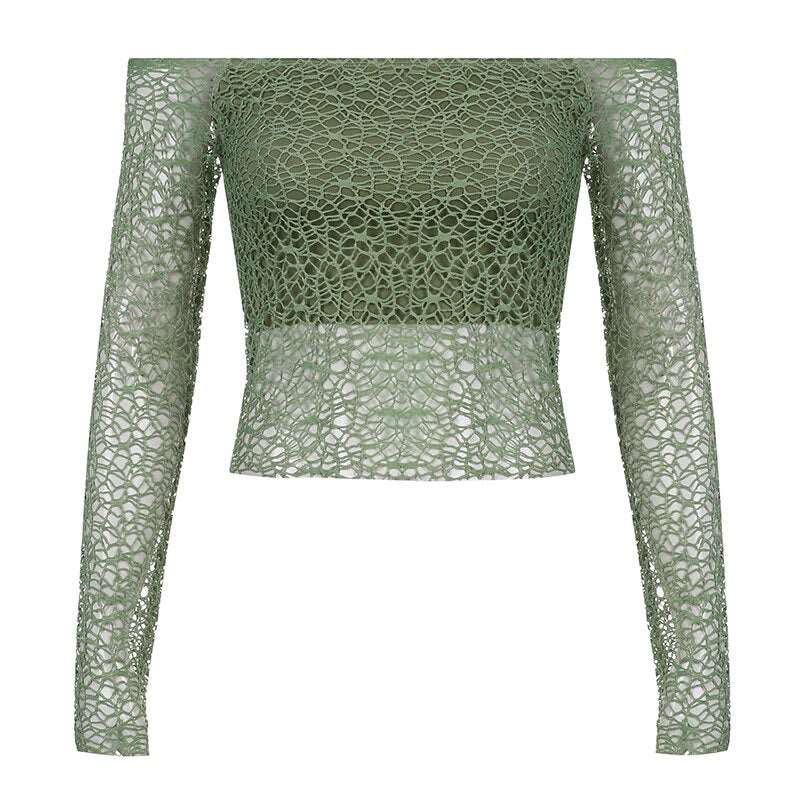Cottagecore Net Holes Crop Top - Y2k Aesthetic, Vintage Chic Retro Forest Green Shirt - Women Off Shoulder Long Sleeve Tank Top