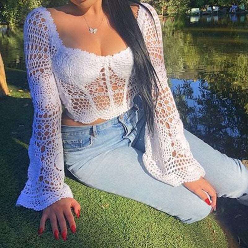 Cottagecore Aesthetic Crochet Crop Top - Women Sweetheart Flared Sleeve Pullover - Vintage Backless Knit Bohemian Long Sleeve Shirt
