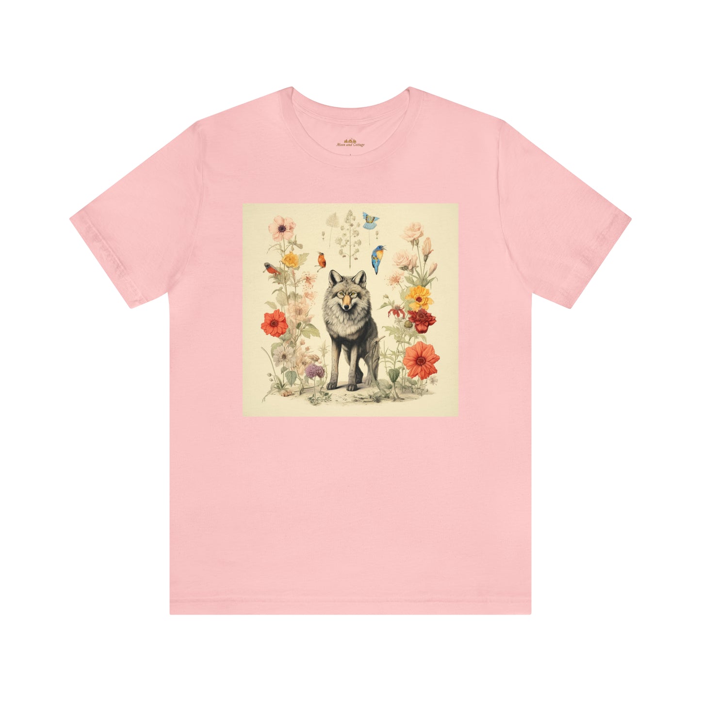 Cottagecore Aesthetic, Botanical Vintage Wolf T-Shirt, Boho Y2k Crew Neck