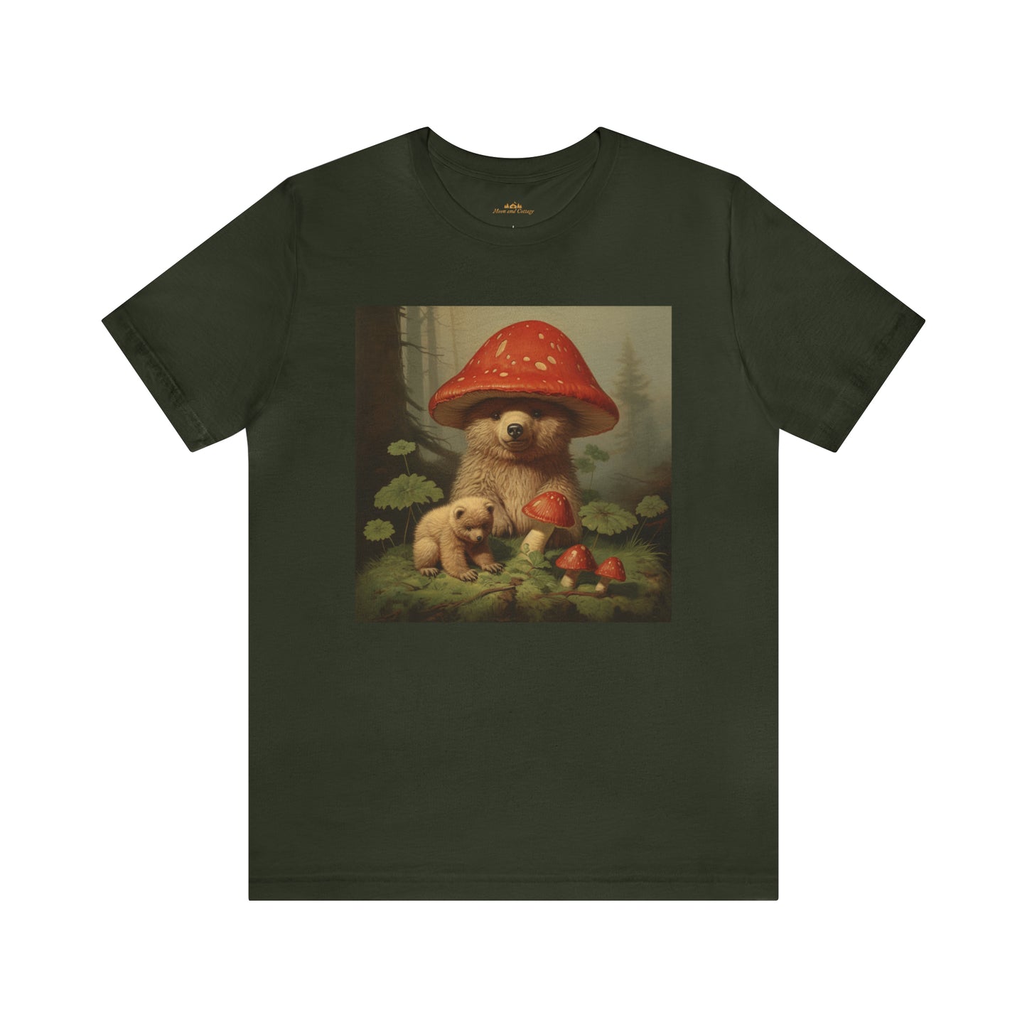 Cottagecore Clothing, Boho Bear and Mushrooms Print Crewneck T-Shirt, Goblincore Aesthetic