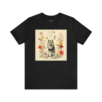 Cottagecore Aesthetic, Botanical Vintage Wolf T-Shirt, Boho Y2k Crew Neck