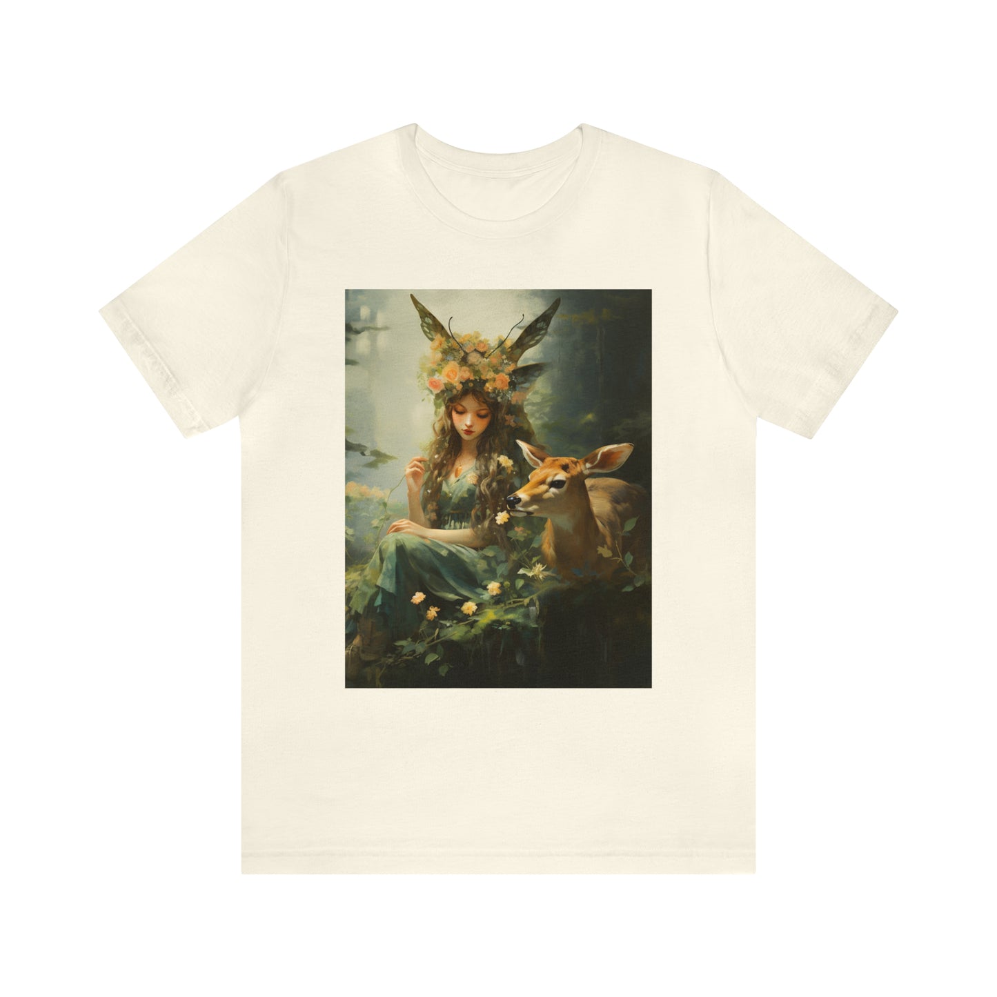 Fairycore Grunge Fairy With Deer Printed T-Shirt - Short Sleeves Crewneck Unique Design T-Shirt - Boho Aesthetic Unisex Tee