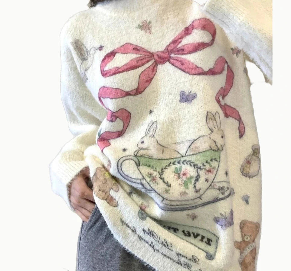 Coquette Vintage Rabbit Sweater | Cozy Oversized Knitted Pullover | coquette, coquette clothing, cottagecore sweater, new, sweaters, vintage sweater | Moon and Cottage