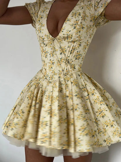 Cottagecore Floral Lemonaide Print V-Neck Mini Dress - Women's Vintage High Waist A-line Party Dress
