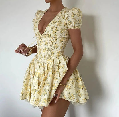 Cottagecore Floral Lemonaide Print V-Neck Mini Dress - Women's Vintage High Waist A-line Party Dress