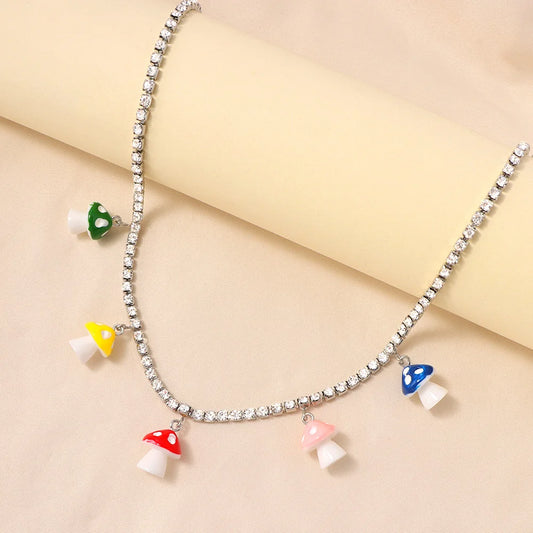 Cottagecore Rainbow Mushroom Pendant Rhinestone Choker Necklace | Moon and Cottage