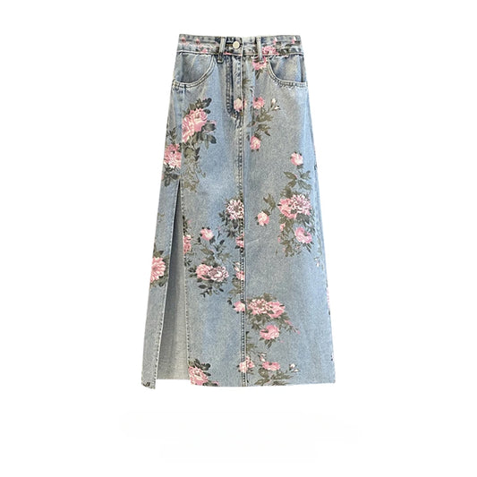 Cottagecore Plus Size High Waist Floral Print Denim Mid-Length Skirt