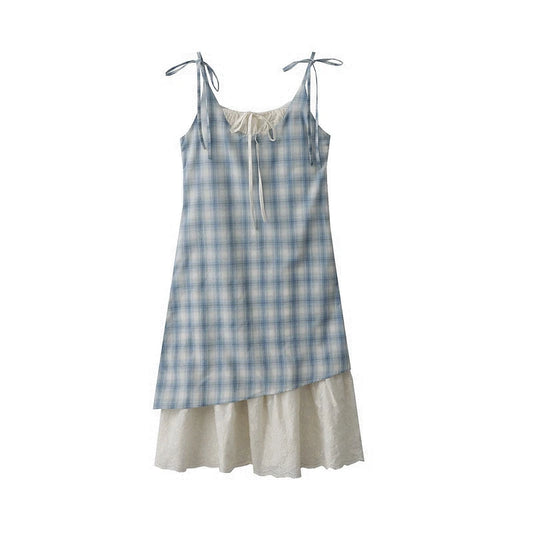 Cottagecore Sky Blue Plaid Country Living Camisole Mid Length Dress | new | Moon and Cottage