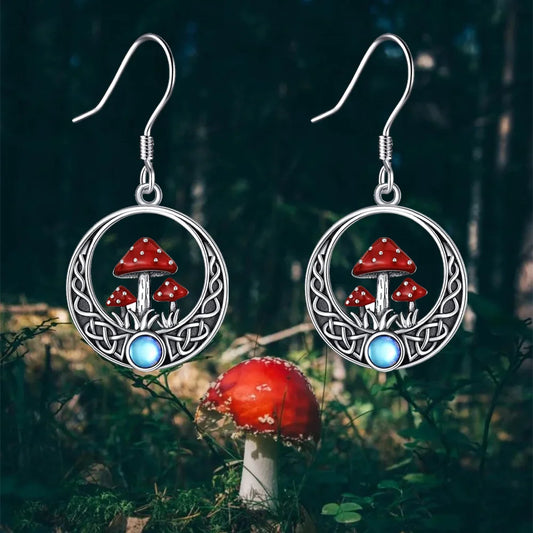 Cottagecore Cute Red Mushrooms Round Dangle Earrings | Moon and Cottage