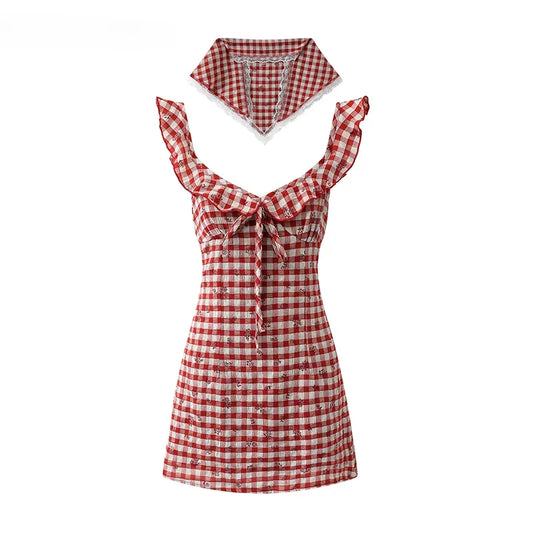 Cottagecore Red Plaid Ruffled Lace-up Dress With Scarf 2 Piece Set | cottagecore, new | Moon and Cottage