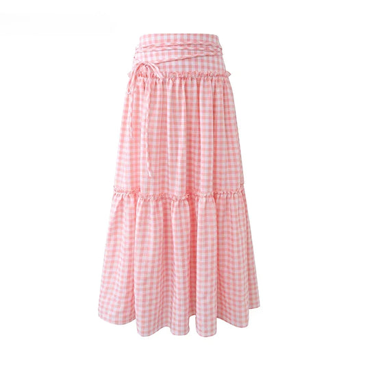 Cottagecore Country Charm Plaid Tie Ruffle High Waist A-line Mid-length Skirt | cottagecore, new | Moon and Cottage