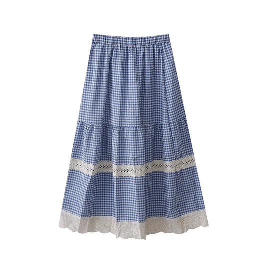 Cottagecore Chic Vintage Embroidered Lace Plaid Skirt | cottagecore, new | Moon and Cottage