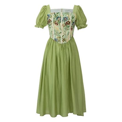 Cottage Tales Green Fairycore Goblincore Aesthetic Boho Dress, Puff Sleeve French Maxi Dress