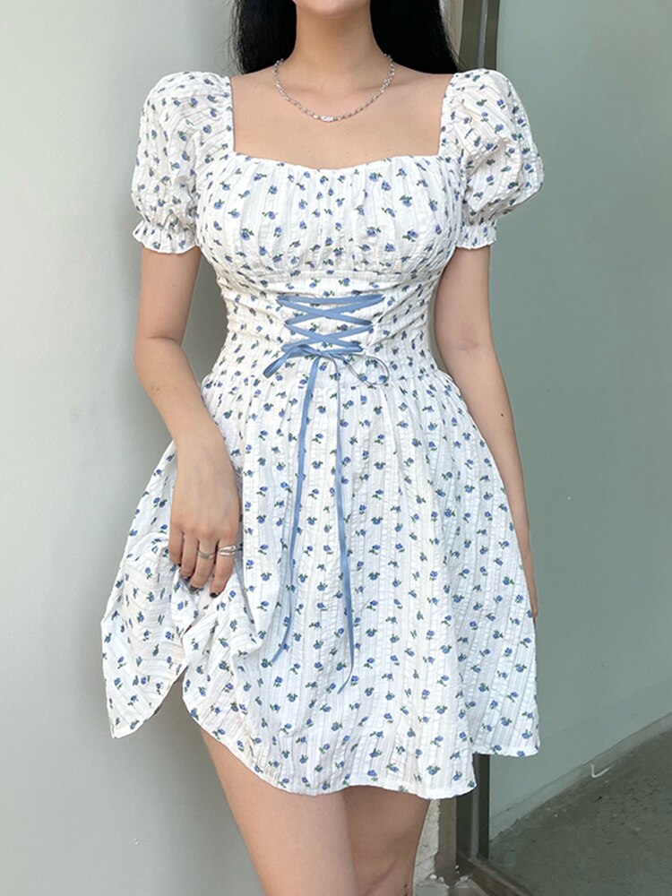Field of Daisies Floral Lace Up Cottagecore Dress