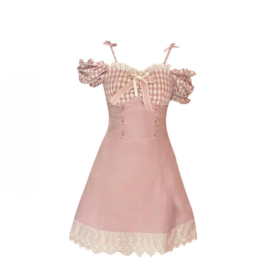 Cottagecore Coquette Sweet Tea Princess Plaid A-Line Lace Ribbon Pink Dress | new | Moon and Cottage