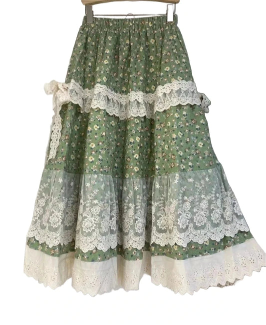 Forest Dweller Vintage Floral Lace Ruffled Long Skirt | Japanese Mori Girl Style | Elastic Waist | Boho Aesthetic