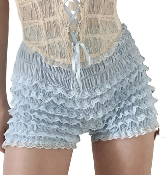 Coquette Lace Trim Ruffle Bloomer Shorts - Cottagecore Aesthetic - Low Waisted Slim Fairycore Pants - Women's Kawaii Shorts | new, Short | Moon and Cottage