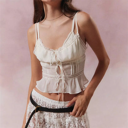 Vintage Alice Tie Lace Up Crop Top | Cottagecore Sheer Sleeveless Cami