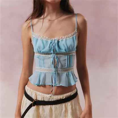 Vintage Alice Tie Lace Up Crop Top | Cottagecore Sheer Sleeveless Cami
