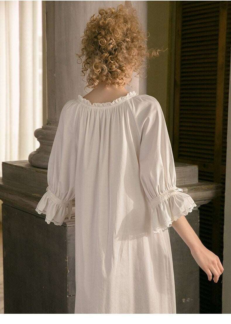 White Floral Cotton Nightgown Sleepwear