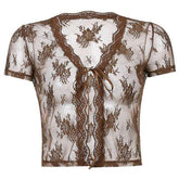 Cottagecore Clothing, Vintage y2k Lace Top - 90s Aesthetic Short Sleeves Fairycore Crop Top - Women Tie Front Floral Lace Boho T-Shirt