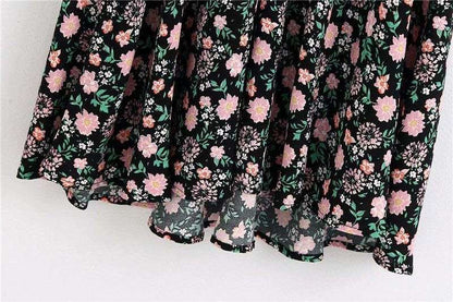 Dark Ditsy Wednesday Dress - Cottagecore Aesthetic, Floral Print V-Neck Boho Dress - Women A-Line Short Sleeves Dress