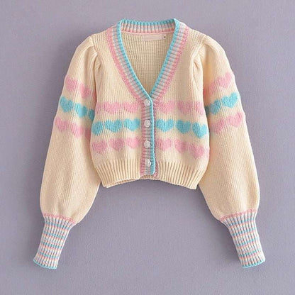 Cottagecore Heart Cardigan Sweater - Womens Aesthetic Vintage Pastel Cardigan - Button-Down Long Sleeves Boho Sweater